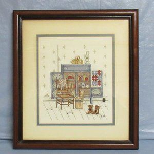 Vtg Framed Matted Country Cross Stitch Cupboard Churn Boots Chair Apron
